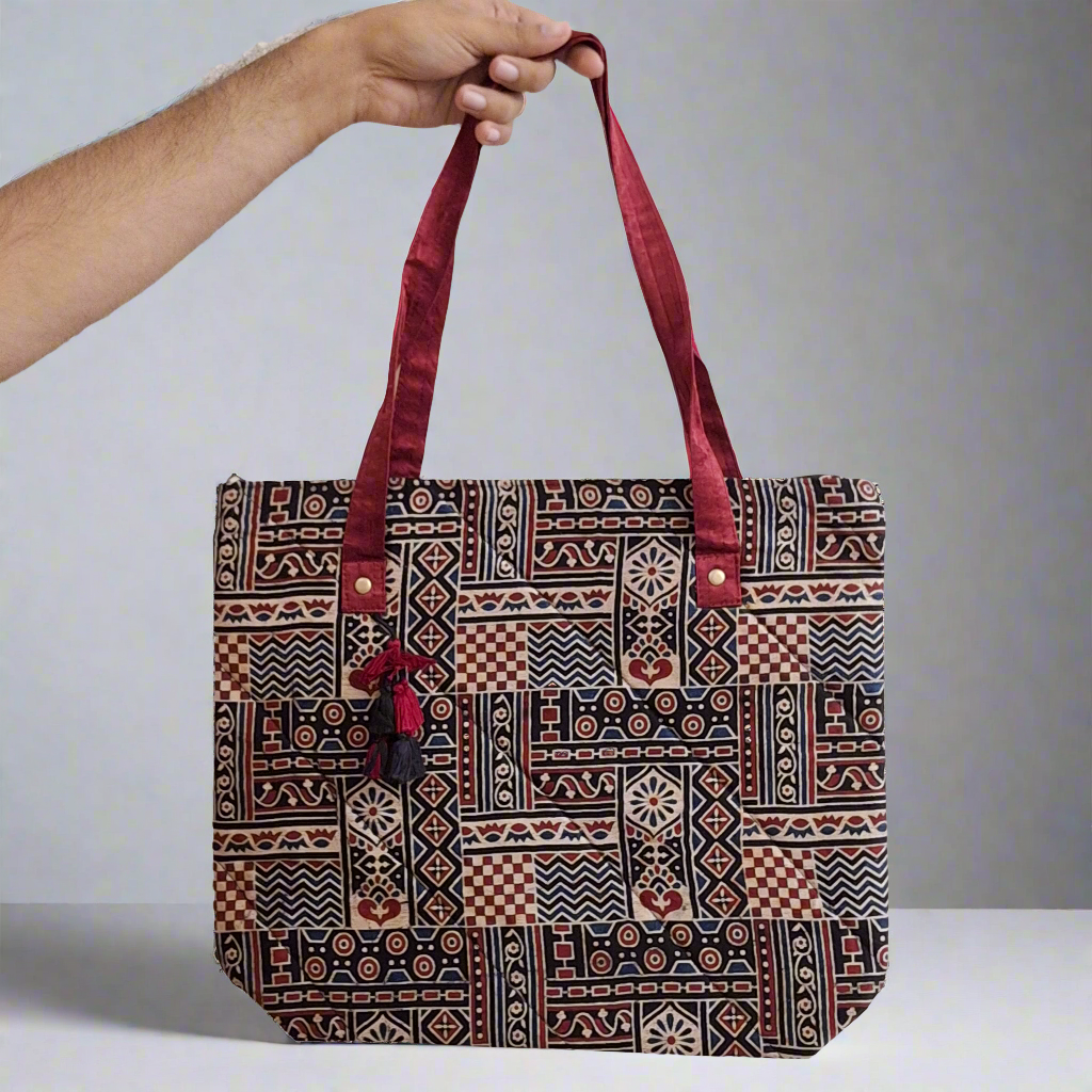 Nature Block Motif Black Tote Bag - Block Printed Ajrakh Print on Mashru Silk Fabric