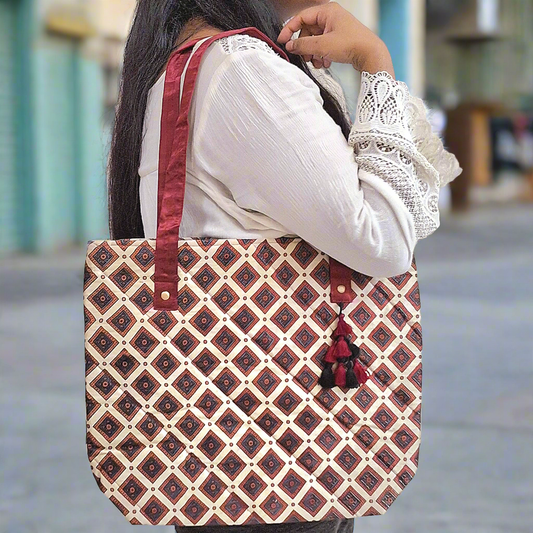 Diamond Motif Beige Tote Bag - Block Printed Ajrakh Print on Mashru Silk Fabric