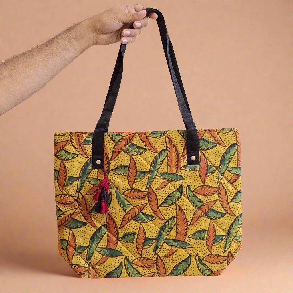 Leaf Motif Mustard Yellow Tote Bag - Block Printed Ajrakh Print on Mashru Silk Fabric