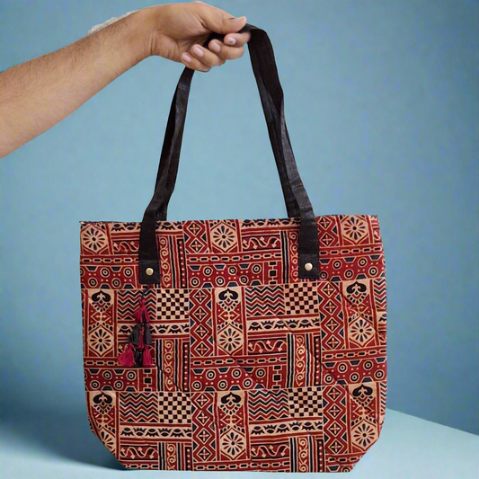 Nature Block Motif Red Tote Bag - Block Printed Ajrakh Print on Mashru Silk Fabric