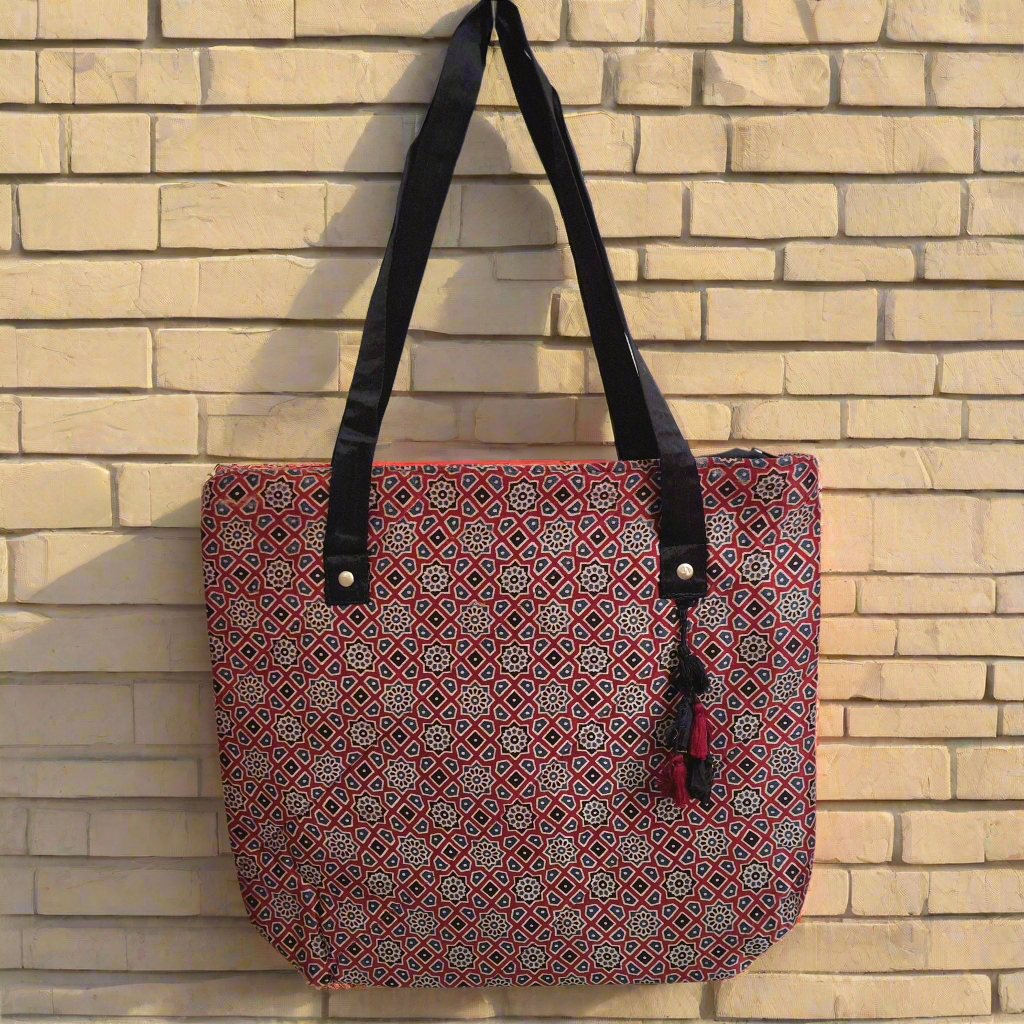 Stars Motif Red Tote Bag - Block Printed Ajrakh Print on Mashru Silk Fabric