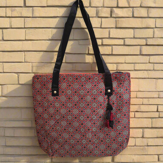 Stars Motif Red Tote Bag - Block Printed Ajrakh Print on Mashru Silk Fabric