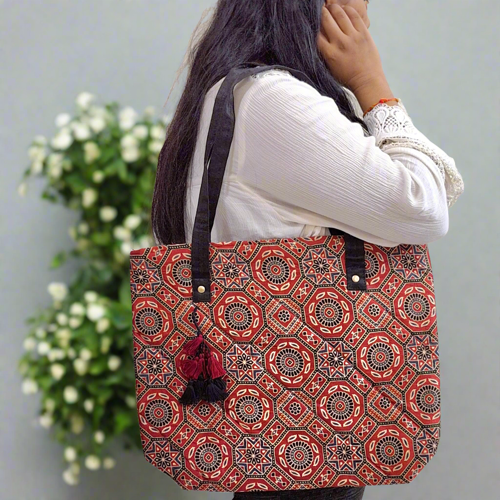 Nature Hexagon Motif Red Tote Bag - Block Printed Ajrakh Print on Mashru Silk Fabric