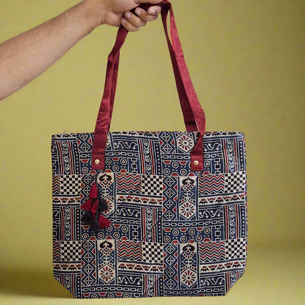 Nature Block Motif Blue Tote Bag - Block Printed Ajrakh Print on Mashru Silk Fabric