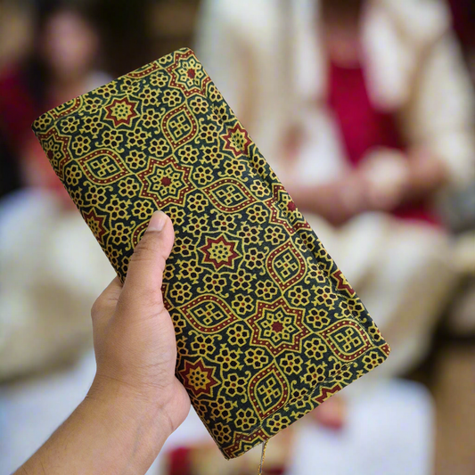 Emerald Green Wallets/Clutch - Block Printed Ajrakh Print on Mashru Silk Fabric