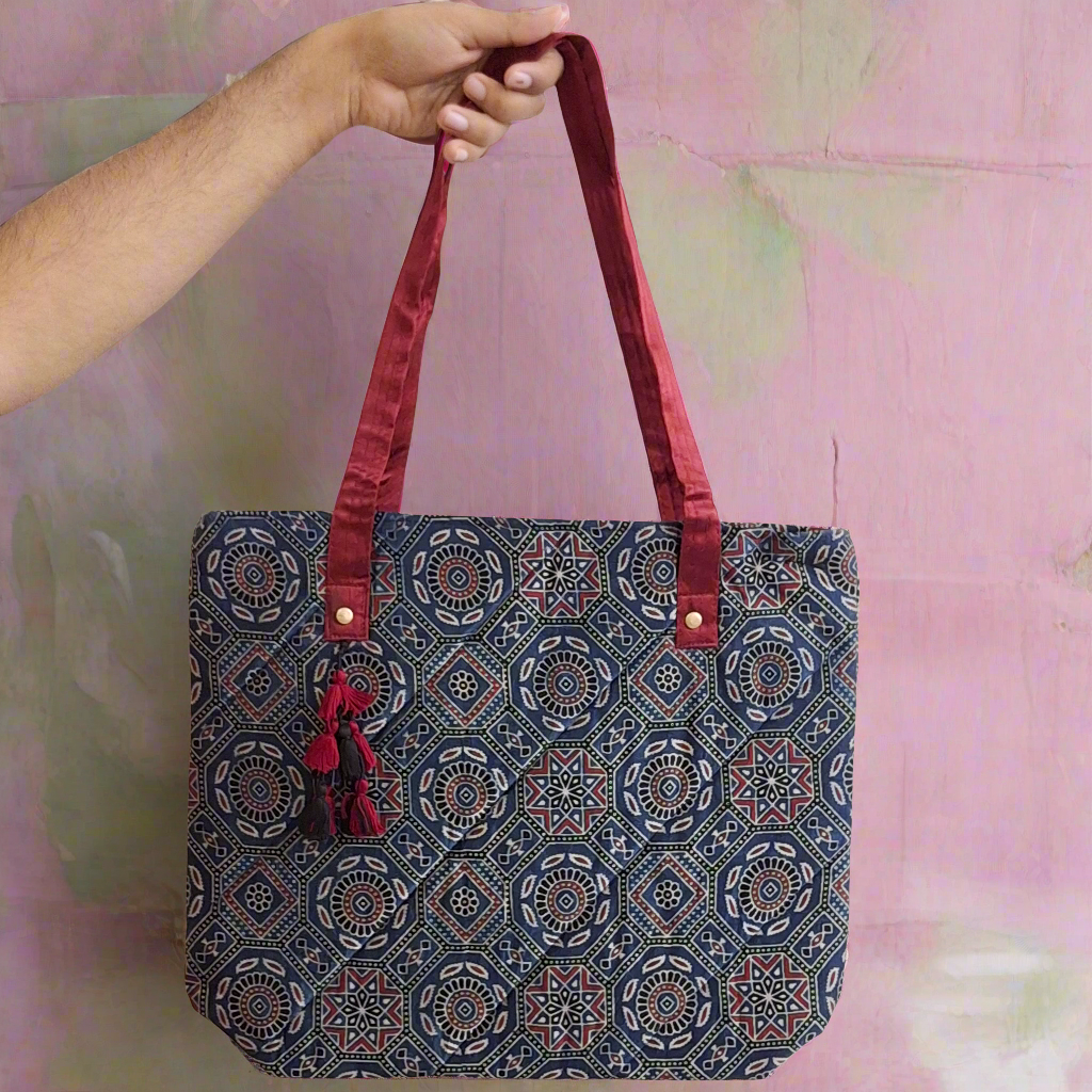 Nature Hexagon Motif Blue Tote Bag - Block Printed Ajrakh Print on Mashru Silk Fabric