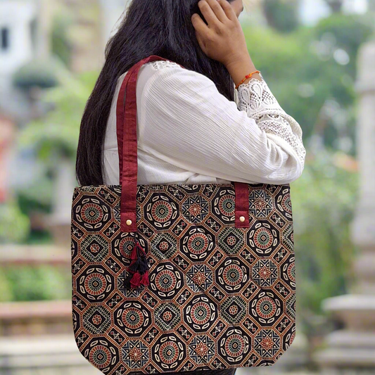 Nature Hexagon Motif Black Tote Bag - Block Printed Ajrakh Print on Mashru Silk Fabric