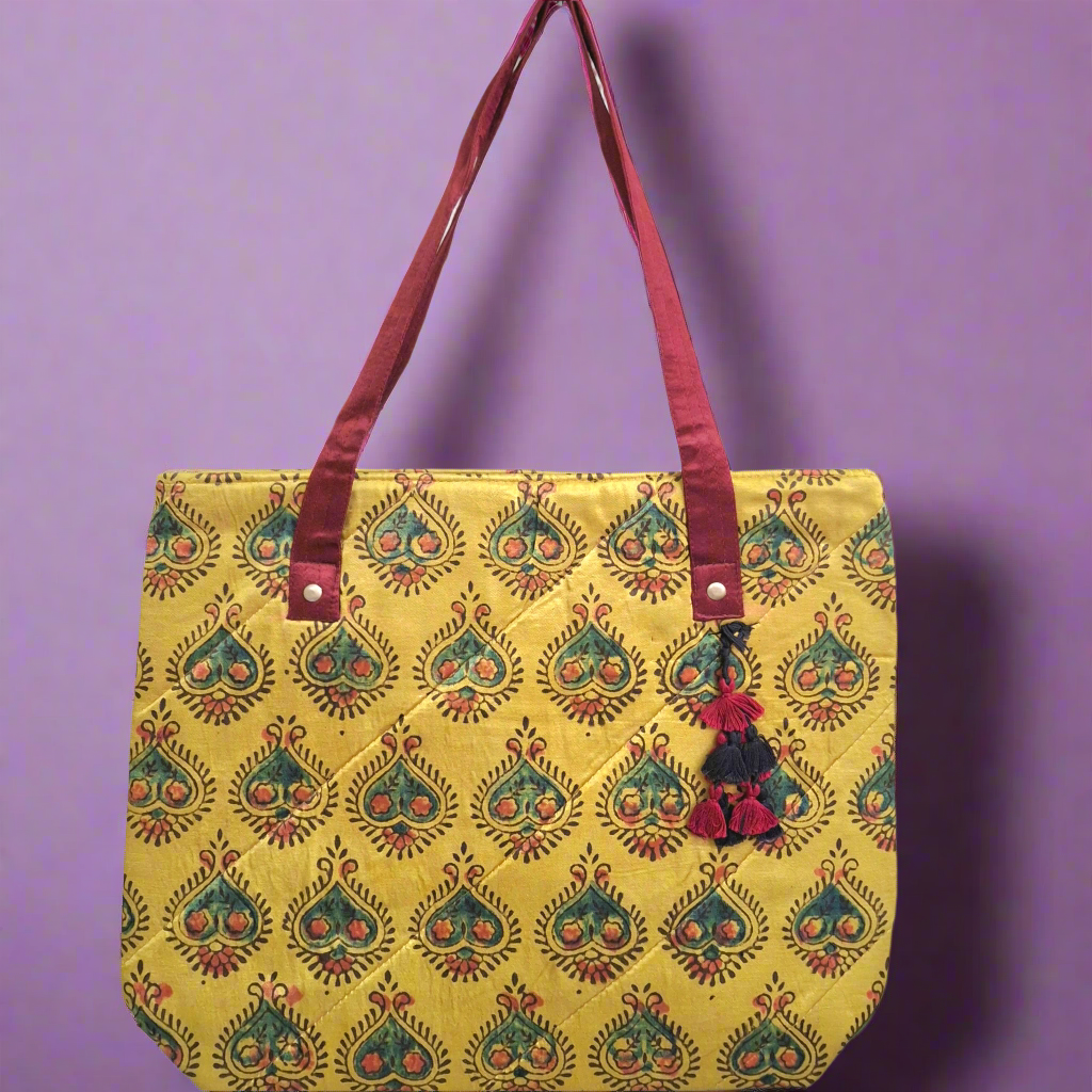 Heart Motif Mustard Yellow Tote Bag - Block Printed Ajrakh Print on Mashru Silk Fabric