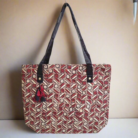 Square Motif Brown Tote Bag - Block Printed Ajrakh Print on Mashru Silk Fabric