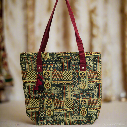 Nature Block Motifs Emerald Green Tote Bag - Block Printed Ajrakh Print on Mashru Silk Fabric