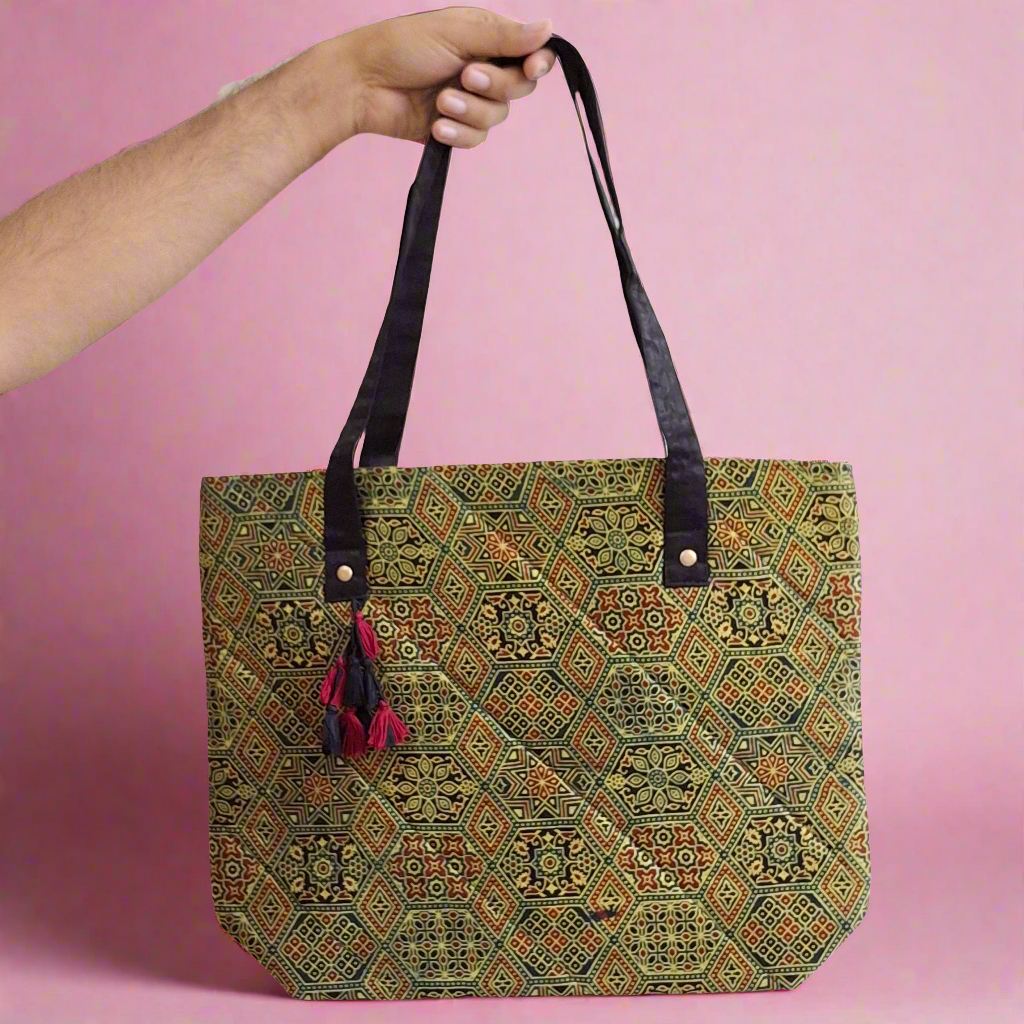 Hexagon Jaal Motif Green Tote Bag - Block Printed Ajrakh Print on Mashru Silk Fabric