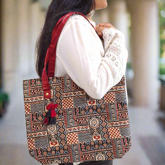 Nature Block Motif Black Tote Bag - Block Printed Ajrakh Print on Mashru Silk Fabric