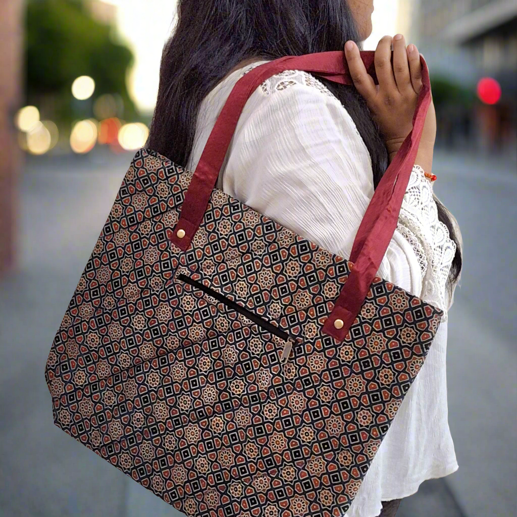 Stars Motifs Blue Tote Bag - Block Printed Ajrakh Print on Mashru Silk Fabric