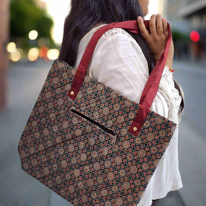 Stars Motifs Blue Tote Bag - Block Printed Ajrakh Print on Mashru Silk Fabric