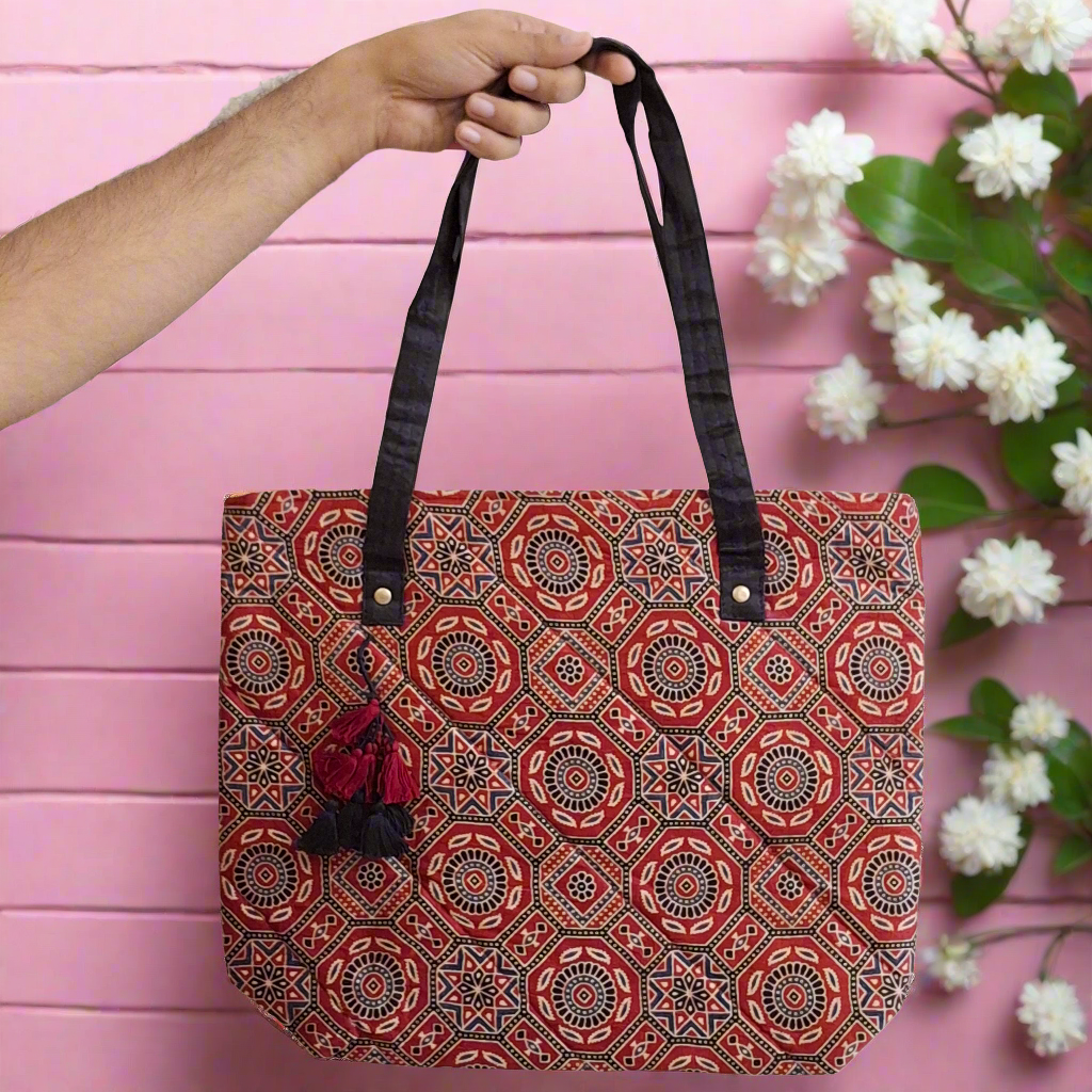 Nature Hexagon Motif Red Tote Bag - Block Printed Ajrakh Print on Mashru Silk Fabric