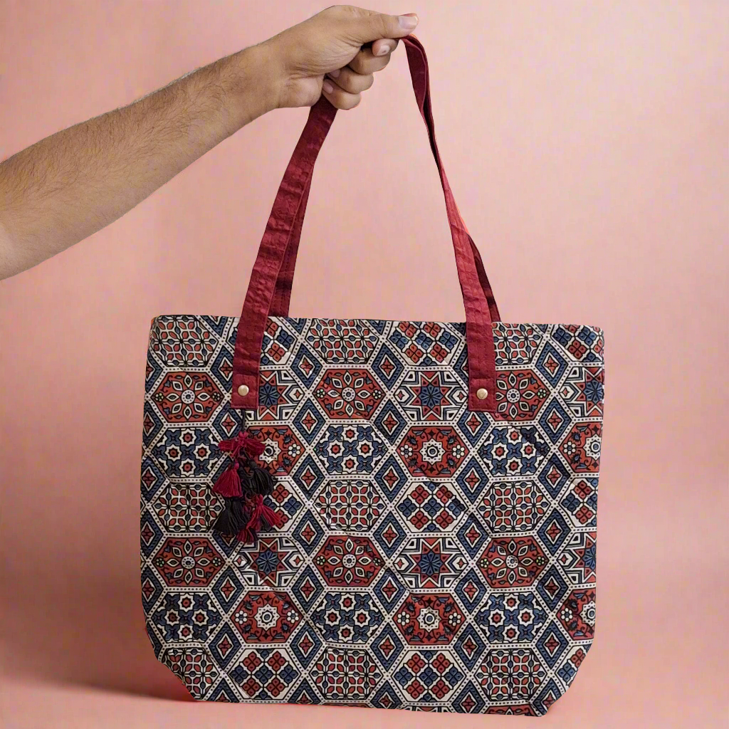 Hexagon Jaal Motif Multicoloured Tote Bag - Block Printed Ajrakh Print on Mashru Silk Fabric