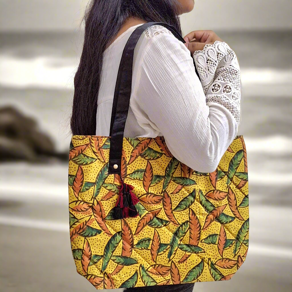 Leaf Motif Mustard Yellow Tote Bag - Block Printed Ajrakh Print on Mashru Silk Fabric