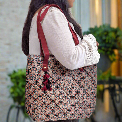 Stars Motifs Blue Tote Bag - Block Printed Ajrakh Print on Mashru Silk Fabric