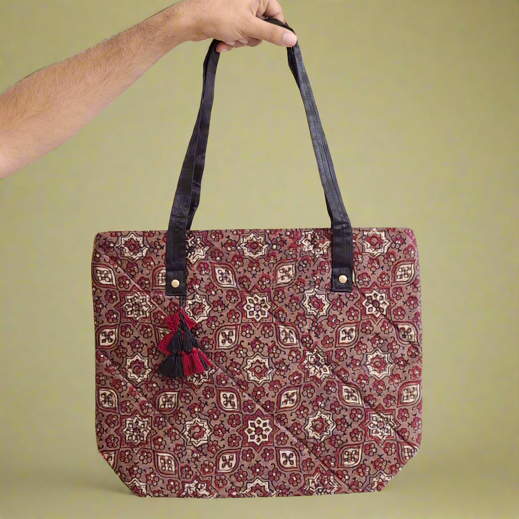 Date Motif Brown Tote Bag - Block Printed Ajrakh Print on Mashru Silk Fabric