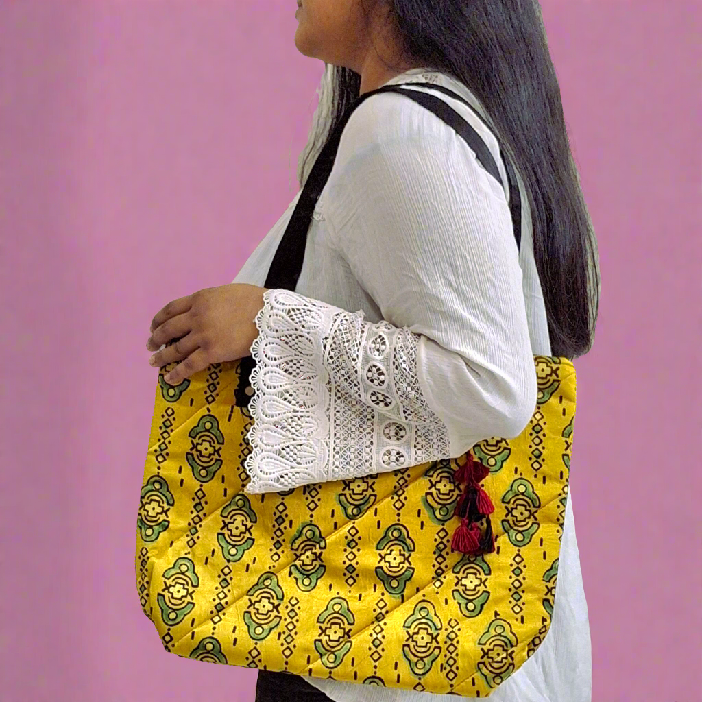 Contemporary Motif Mustard Yellow Tote Bag - Block Printed Ajrakh Print on Mashru Silk Fabric