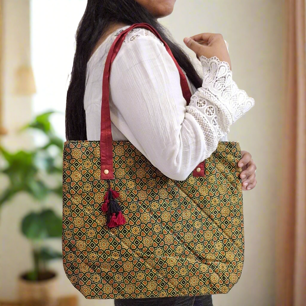 Stars Motifs Emerald Green Tote Bag - Block Printed Ajrakh Print on Mashru Silk Fabric