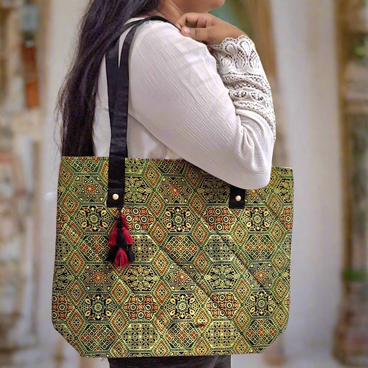 Hexagon Jaal Motif Green Tote Bag - Block Printed Ajrakh Print on Mashru Silk Fabric