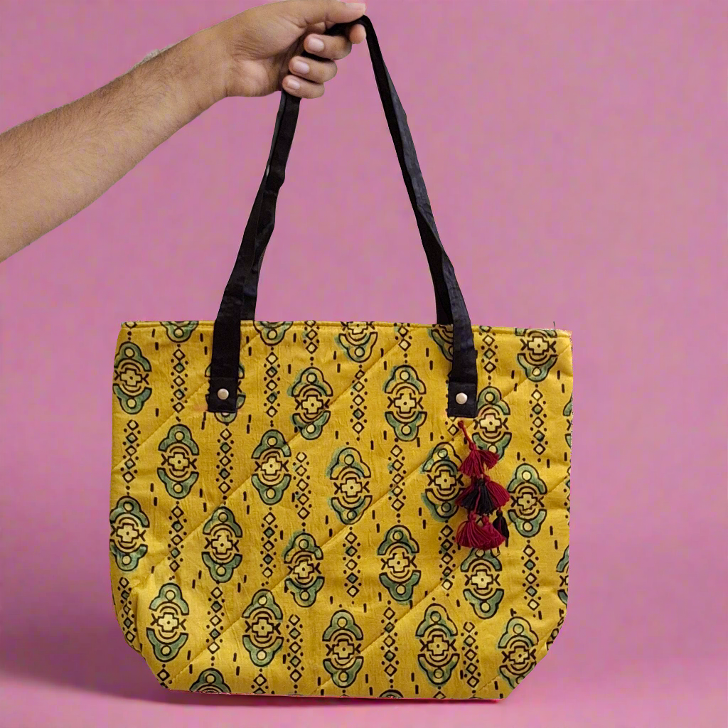 Contemporary Motif Mustard Yellow Tote Bag - Block Printed Ajrakh Print on Mashru Silk Fabric