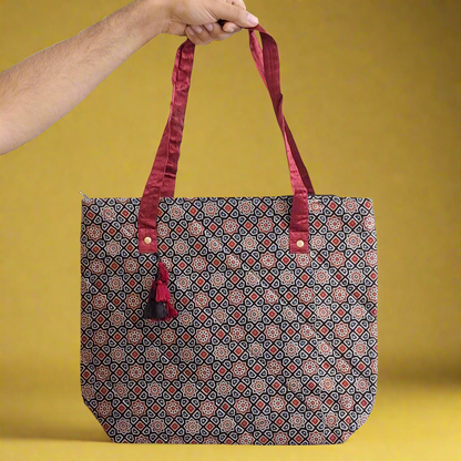 Stars Motifs Black Tote Bag - Block Printed Ajrakh Pattern on Mashru Silk Fabric
