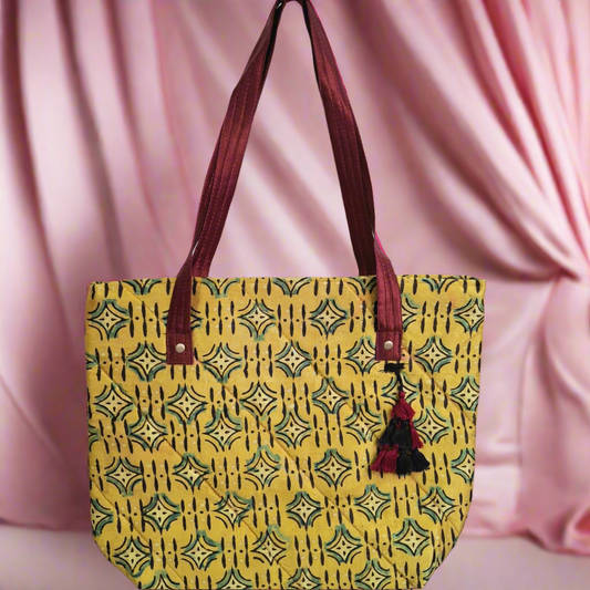 Diamond Motif Mustard Yellow Tote Bag - Block Printed Ajrakh Print on Mashru Silk Fabric