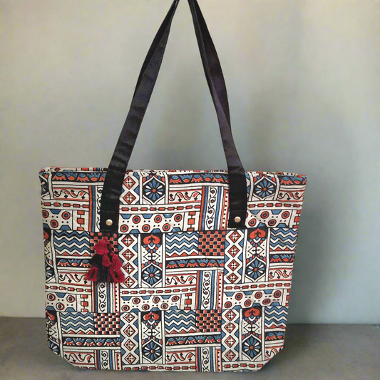 Nature Block Motif Beige Tote Bag - Block Printed Ajrakh Print on Mashru Silk Fabric