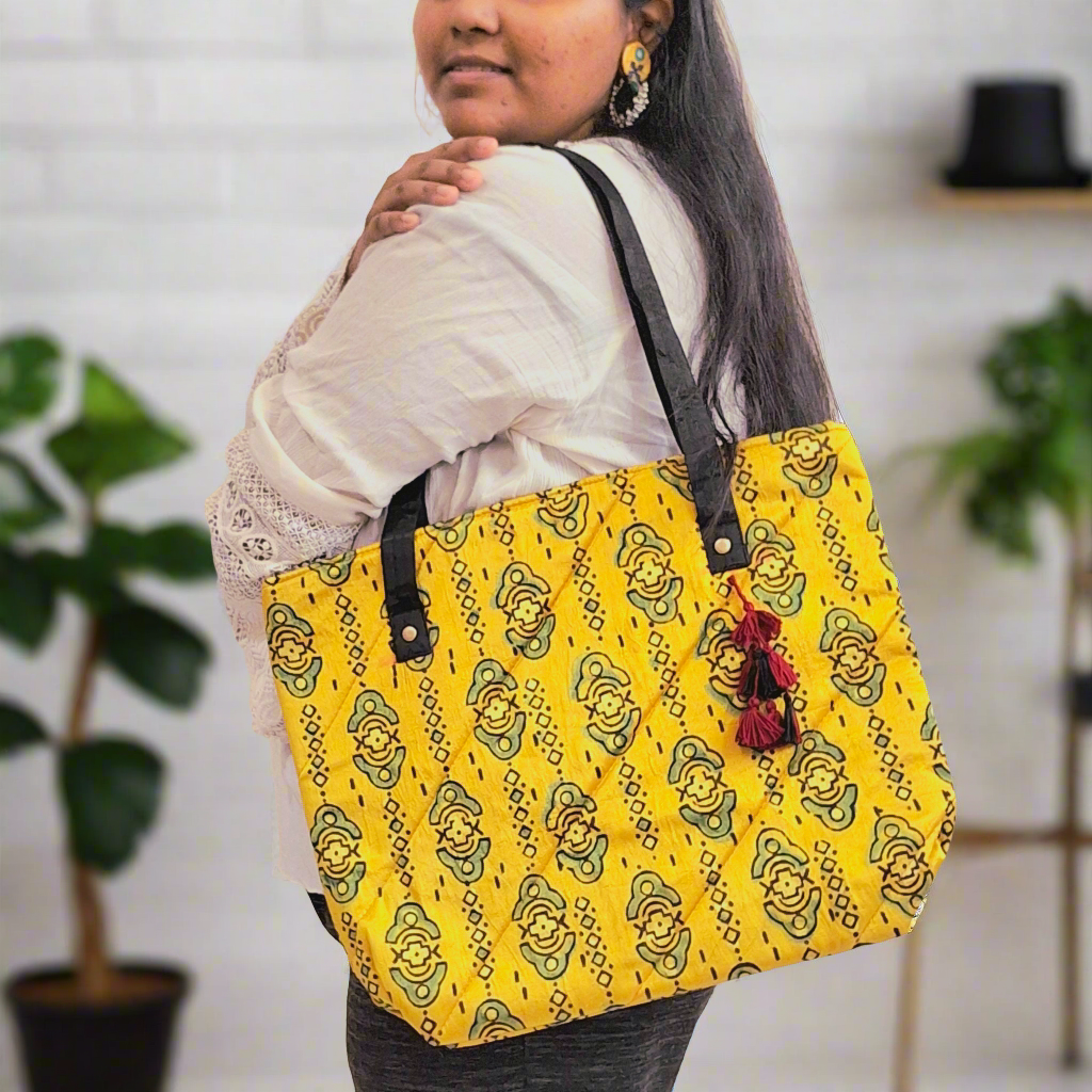 Contemporary Motif Mustard Yellow Tote Bag - Block Printed Ajrakh Print on Mashru Silk Fabric