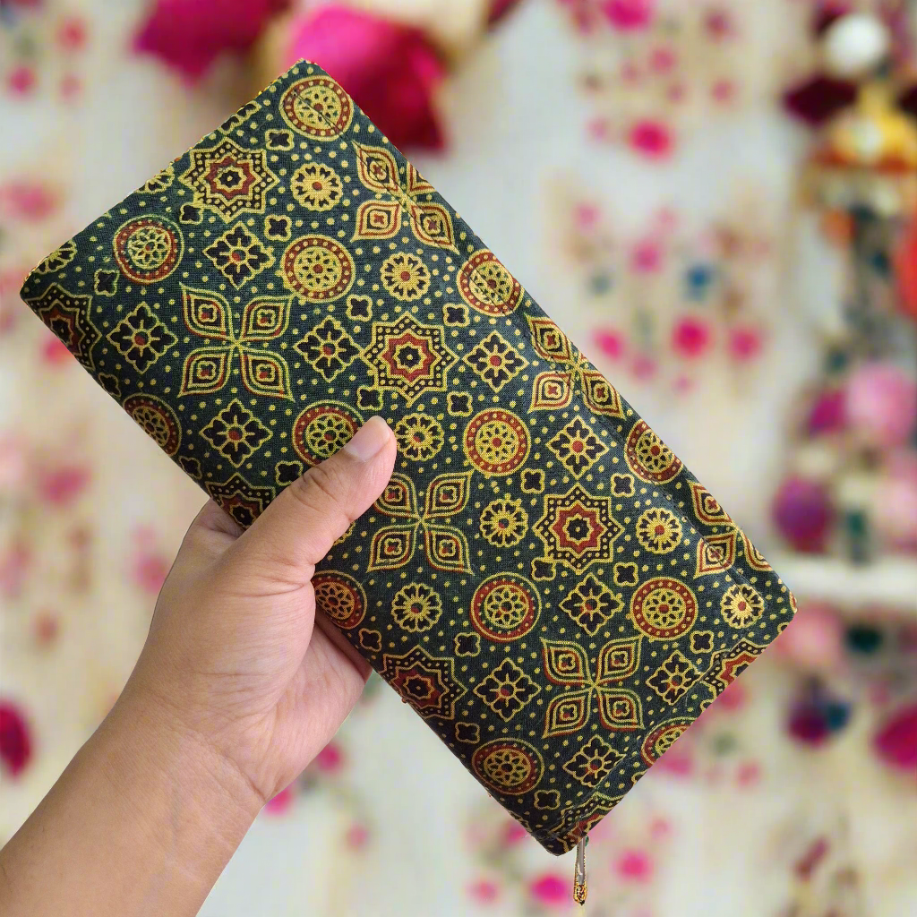 Emerald Green Wallets/Clutch - Block Printed Ajrakh Print on Mashru Silk Fabric