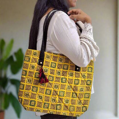 Square Motif Mustard Yellow Tote Bag - Block Printed Ajrakh Pattern on Mashru Silk Fabric