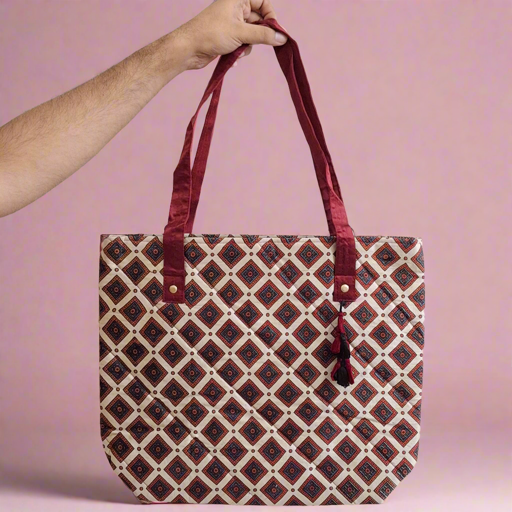 Diamond Motif Beige Tote Bag - Block Printed Ajrakh Print on Mashru Silk Fabric