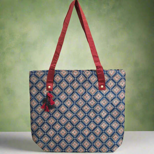 Diamond Motifs Navy Blue Tote Bag - Block Printed Ajrakh Print on Mashru Silk Fabric