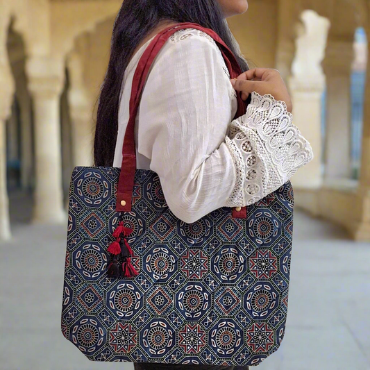 Nature Hexagon Motif Blue Tote Bag - Block Printed Ajrakh Print on Mashru Silk Fabric