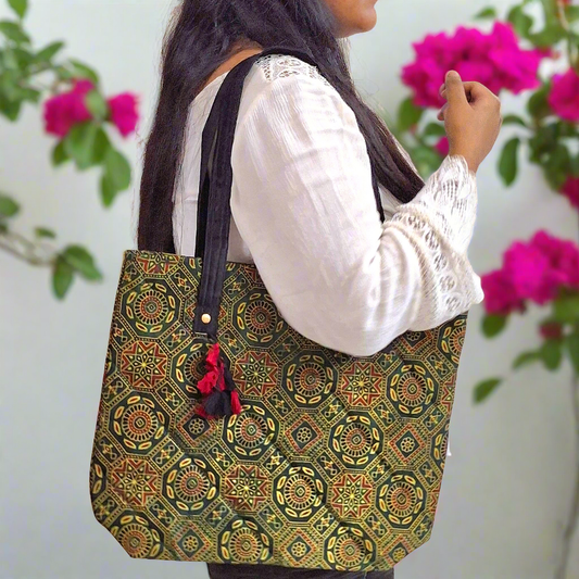 Nature Hexagon Motif Green Tote Bag - Block Printed Ajrakh Print on Mashru Silk Fabric