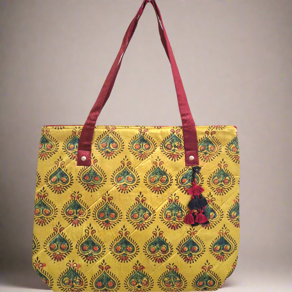 Heart Motif Mustard Yellow Tote Bag - Block Printed Ajrakh Print on Mashru Silk Fabric