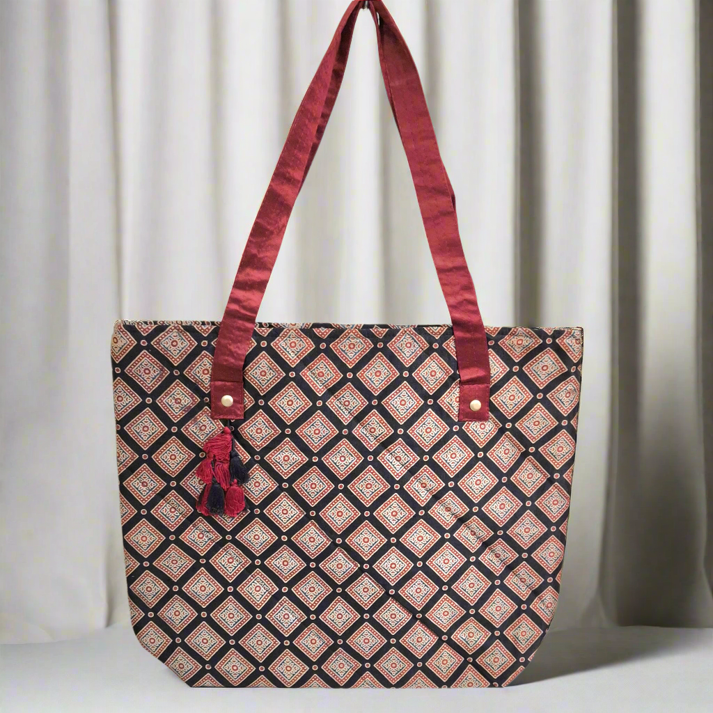 Diamond Motif Black Tote Bag - Block Printed Ajrakh Print on Mashru Silk Fabric