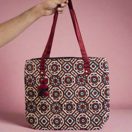 Nature Hexagon Motif Beige Tote Bag - Block Printed Ajrakh Print on Mashru Silk Fabric