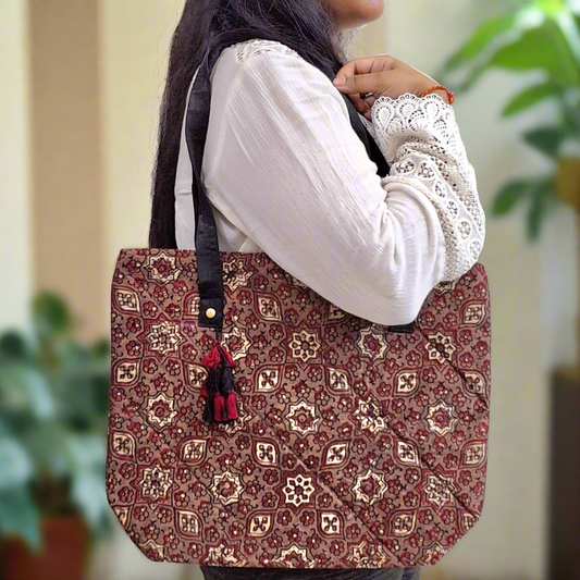 Date Motif Brown Tote Bag - Block Printed Ajrakh Print on Mashru Silk Fabric