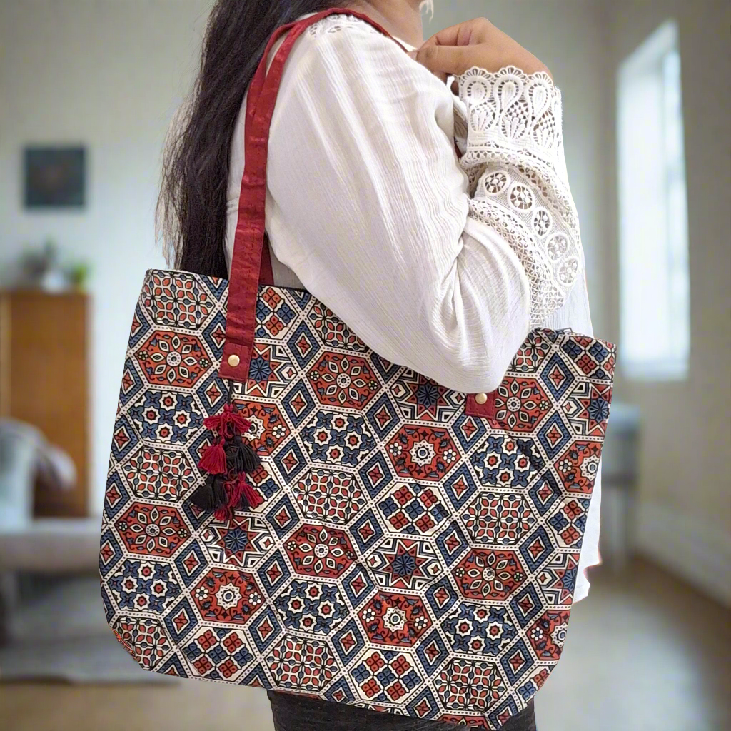 Hexagon Jaal Motif Multicoloured Tote Bag - Block Printed Ajrakh Print on Mashru Silk Fabric