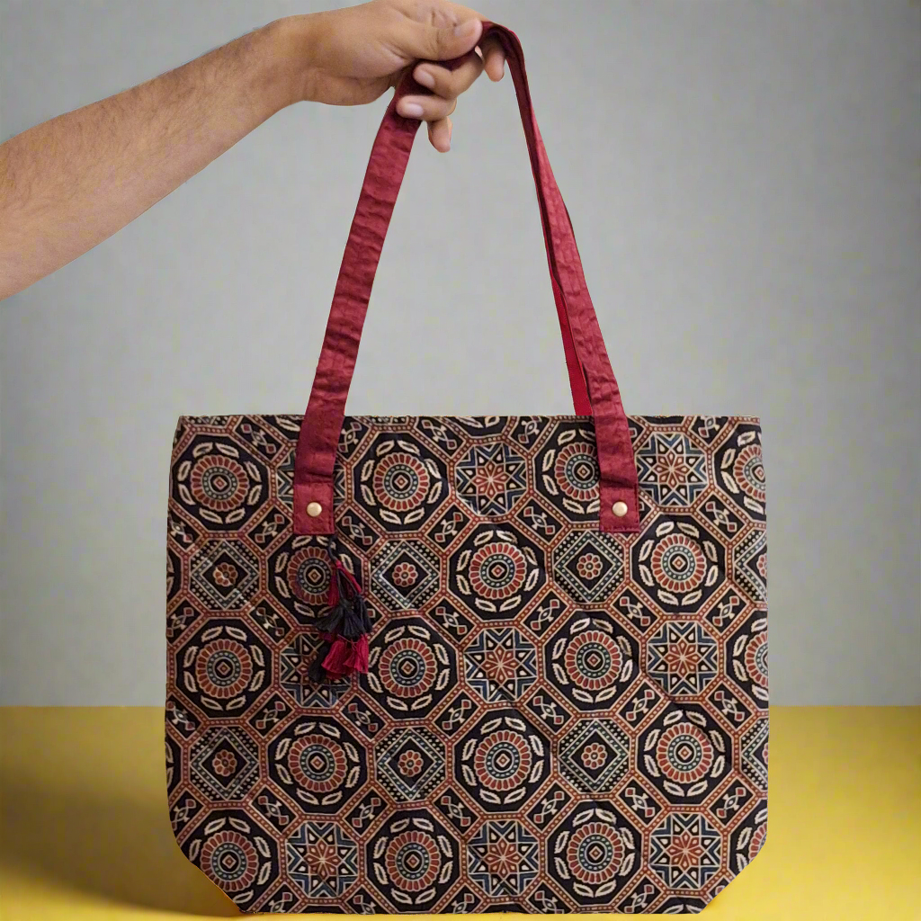 Nature Hexagon Motif Black Tote Bag - Block Printed Ajrakh Print on Mashru Silk Fabric