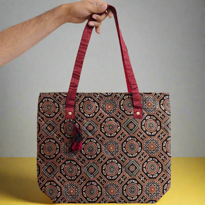 Nature Hexagon Motif Black Tote Bag - Block Printed Ajrakh Print on Mashru Silk Fabric