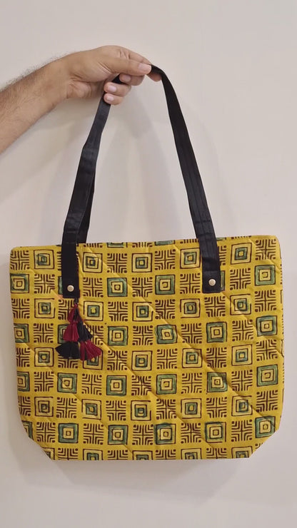 Square Motif Mustard Yellow Tote Bag - Block Printed Ajrakh Pattern on Mashru Silk Fabric