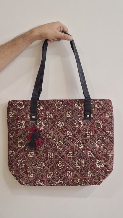 Date Motif Brown Tote Bag - Block Printed Ajrakh Print on Mashru Silk Fabric