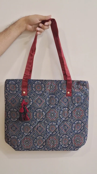 Nature Hexagon Motif Blue Tote Bag - Block Printed Ajrakh Print on Mashru Silk Fabric