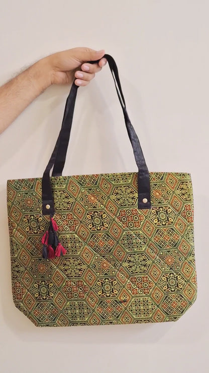 Hexagon Jaal Motif Green Tote Bag - Block Printed Ajrakh Print on Mashru Silk Fabric