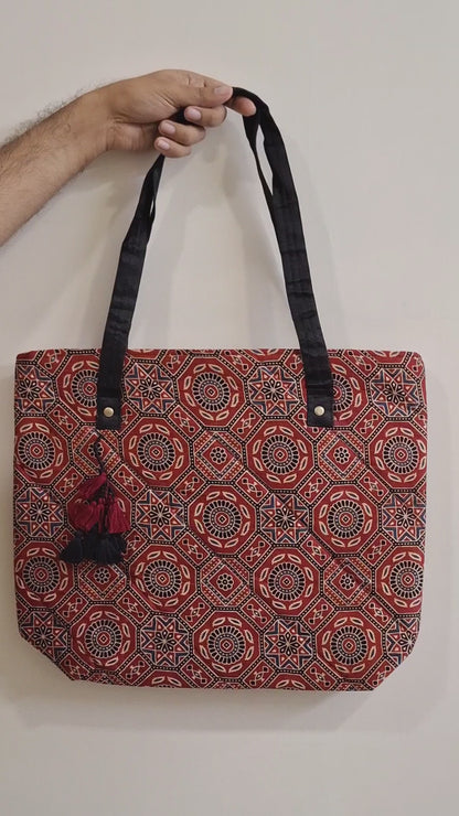 Nature Hexagon Motif Red Tote Bag - Block Printed Ajrakh Print on Mashru Silk Fabric