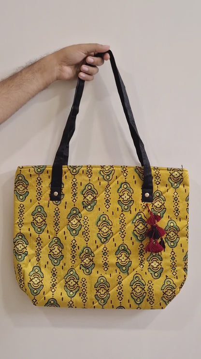 Contemporary Motif Mustard Yellow Tote Bag - Block Printed Ajrakh Print on Mashru Silk Fabric
